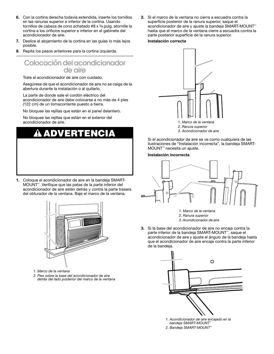 Advertencia, Colocación del acondicionador de aire | Whirlpool 1187361 User Manual | Page 23 / 32