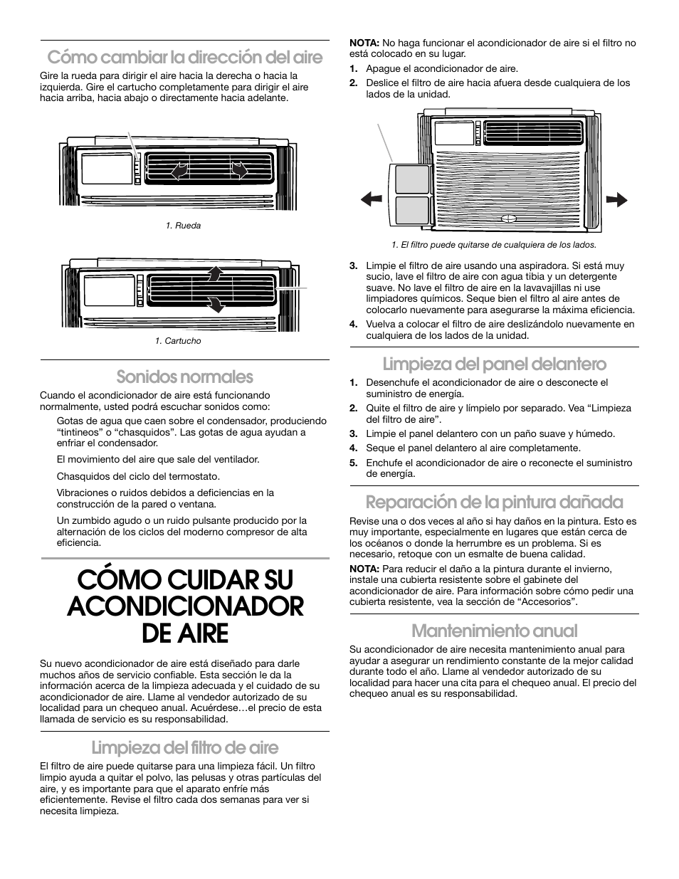 Cómo cuidar su acondicionador de aire, Cómo cambiar la dirección del aire, Sonidos normales | Limpieza del filtro de aire, Limpieza del panel delantero, Reparación de la pintura dañada, Mantenimiento anual | Whirlpool 1187361 User Manual | Page 29 / 32