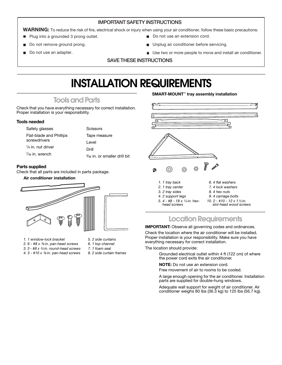 Installation requirements, Tools and parts, Location requirements | Whirlpool 1187361 User Manual | Page 3 / 32