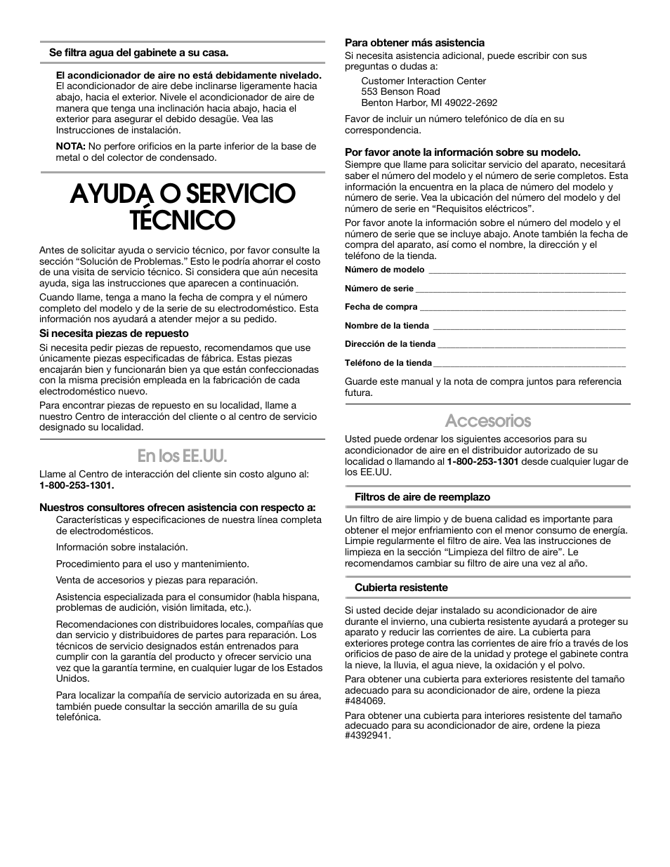 Ayuda o servicio técnico, En los ee.uu, Accesorios | Whirlpool 1187361 User Manual | Page 31 / 32