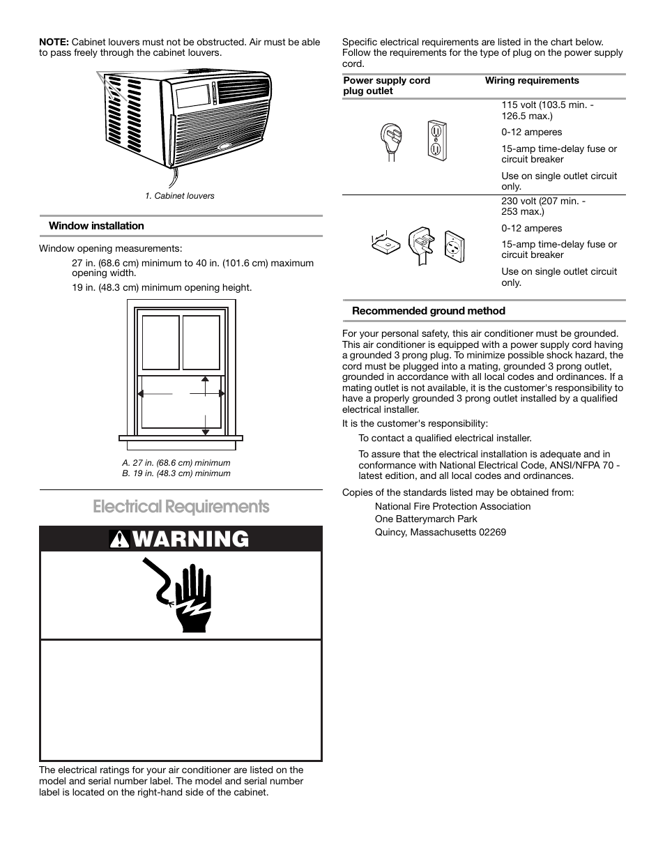 Warning, Electrical requirements | Whirlpool 1187361 User Manual | Page 4 / 32