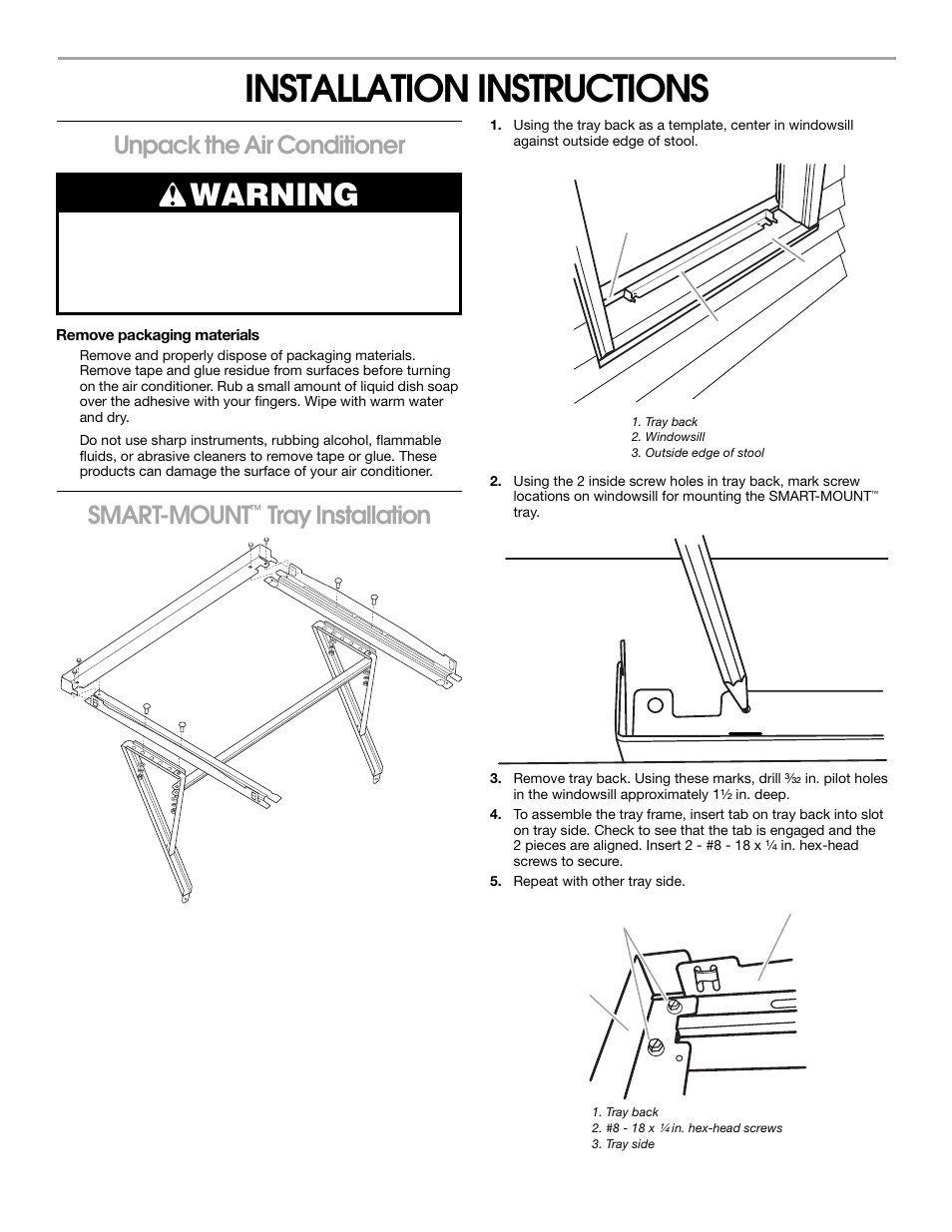 Installation instructions, Warning, Unpack the air conditioner | Smart-mount, Tray installation | Whirlpool 1187361 User Manual | Page 5 / 32