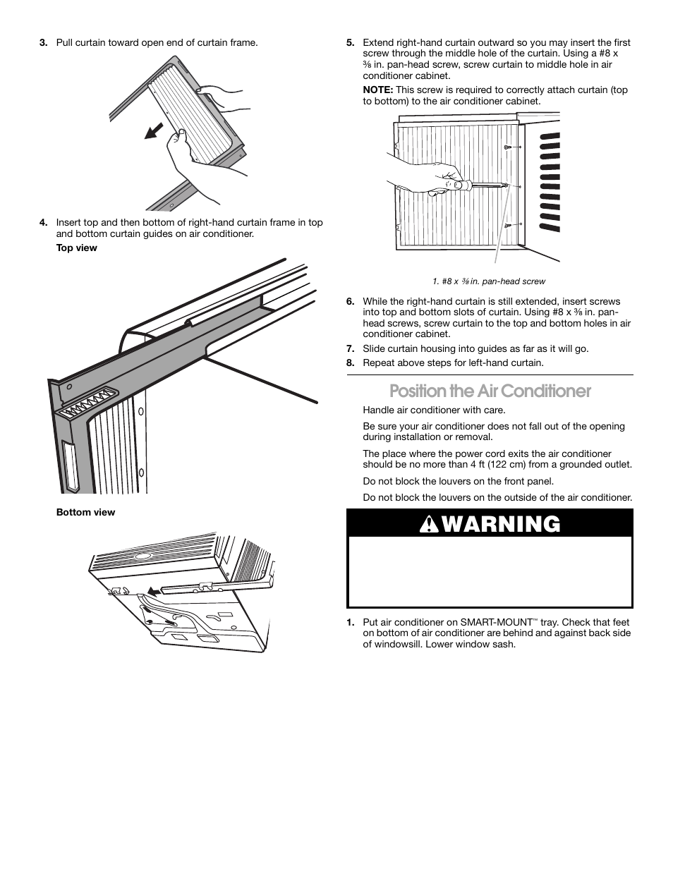 Warning, Position the air conditioner | Whirlpool 1187361 User Manual | Page 8 / 32