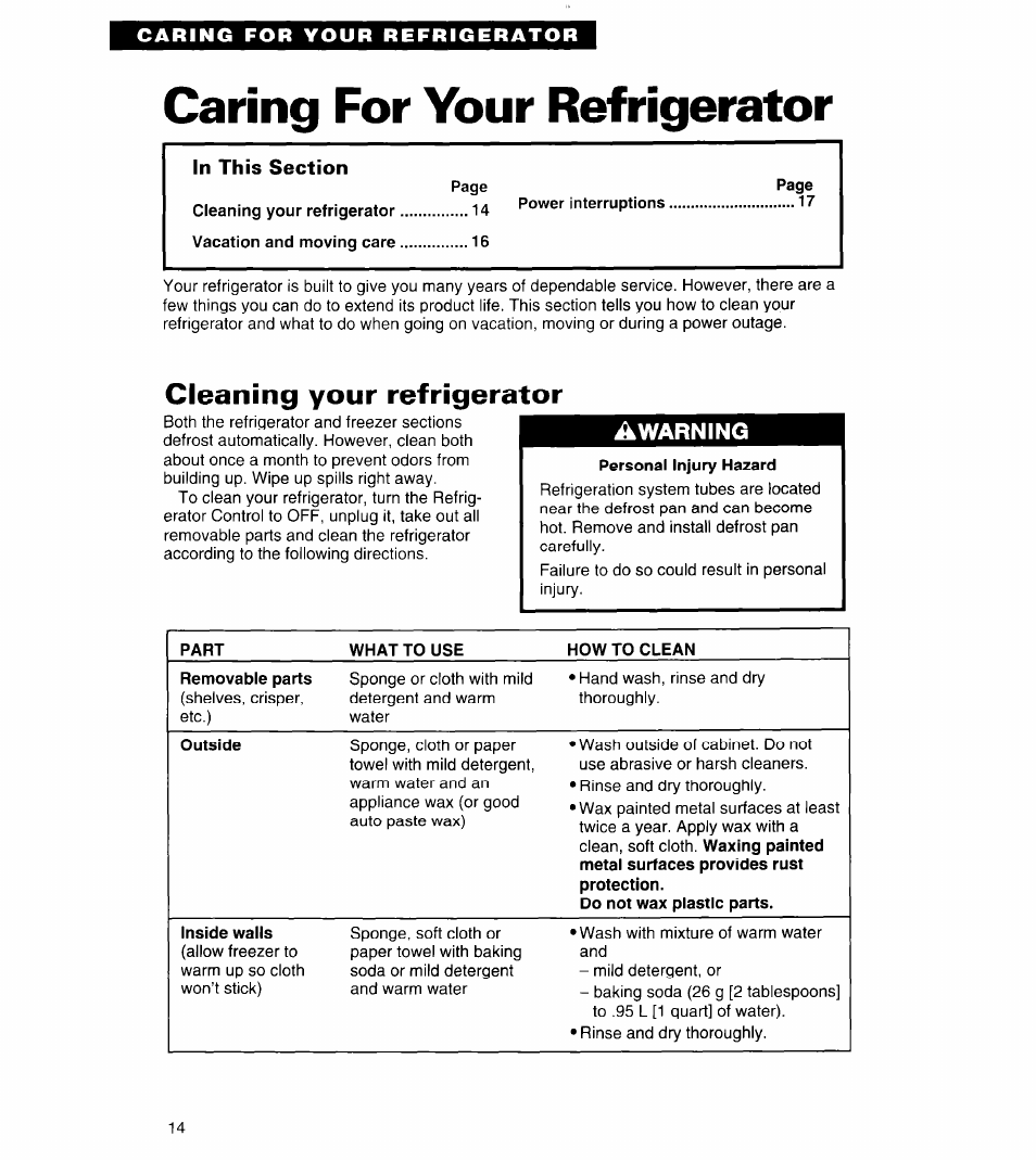 Caring for your refrigerator, Cleaning your refrigerator | Whirlpool 3VET19ZK User Manual | Page 14 / 22