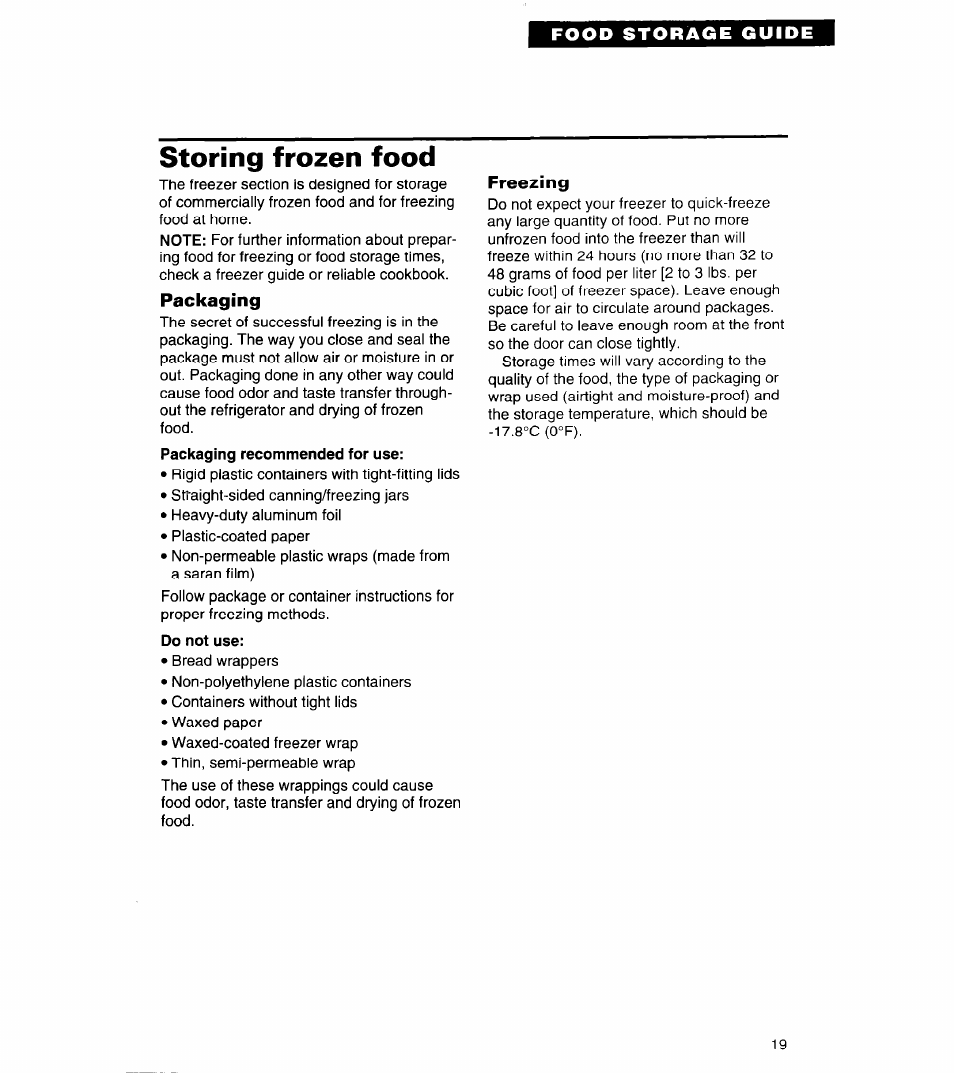 Storing frozen food, Packaging, Do not use | Freezing | Whirlpool 3VET19ZK User Manual | Page 19 / 22