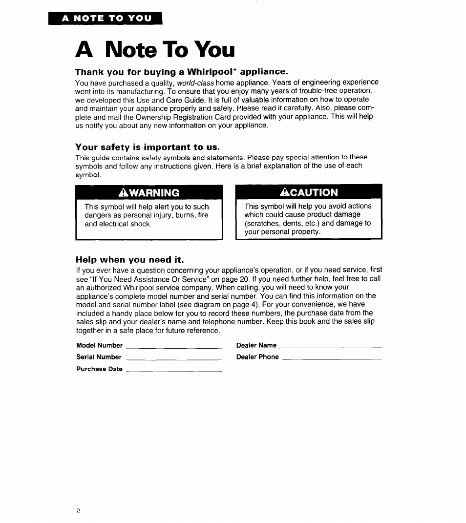 A note to you, Thank you for buying a whirlpool* appliance, Your safety is important to us | Help when you need it | Whirlpool 3VET19ZK User Manual | Page 2 / 22