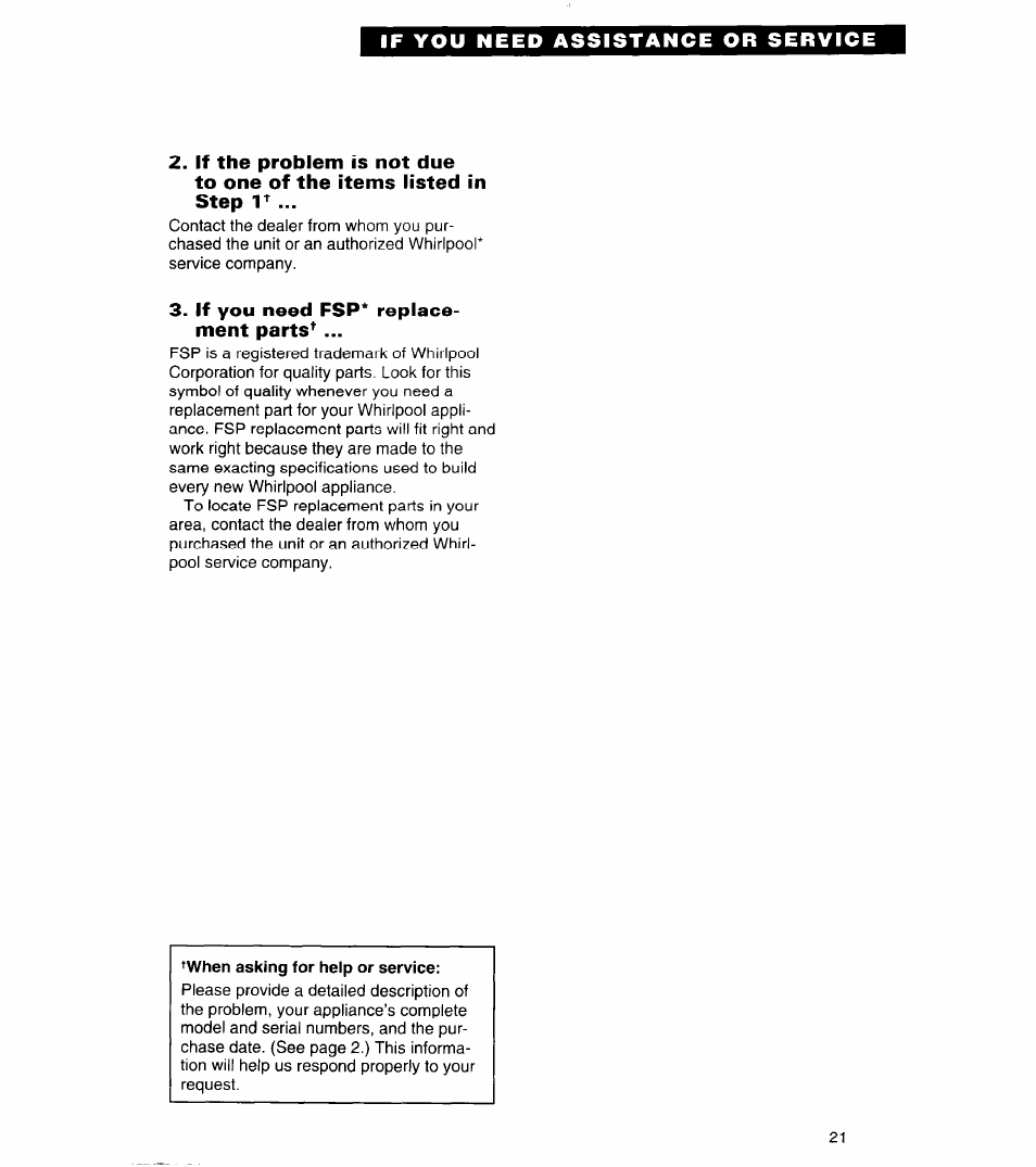 If you need fsp* replacement parts, When asking for help or service | Whirlpool 3VET19ZK User Manual | Page 21 / 22