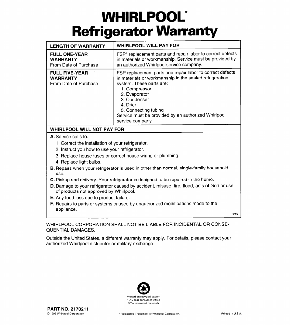 Whirlpool' refrigerator warranty, Length of warranty, Full one-year warranty | Whirlpool will pay for, Full five-year warranty, Whirlpool will not pay for | Whirlpool 3VET19ZK User Manual | Page 22 / 22