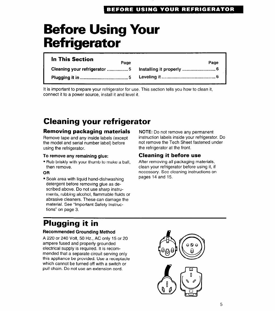 Before using your refrigerator, Cleaning your refrigerator, Removing packaging materials | Cleaning it before use, Plugging it in | Whirlpool 3VET19ZK User Manual | Page 5 / 22