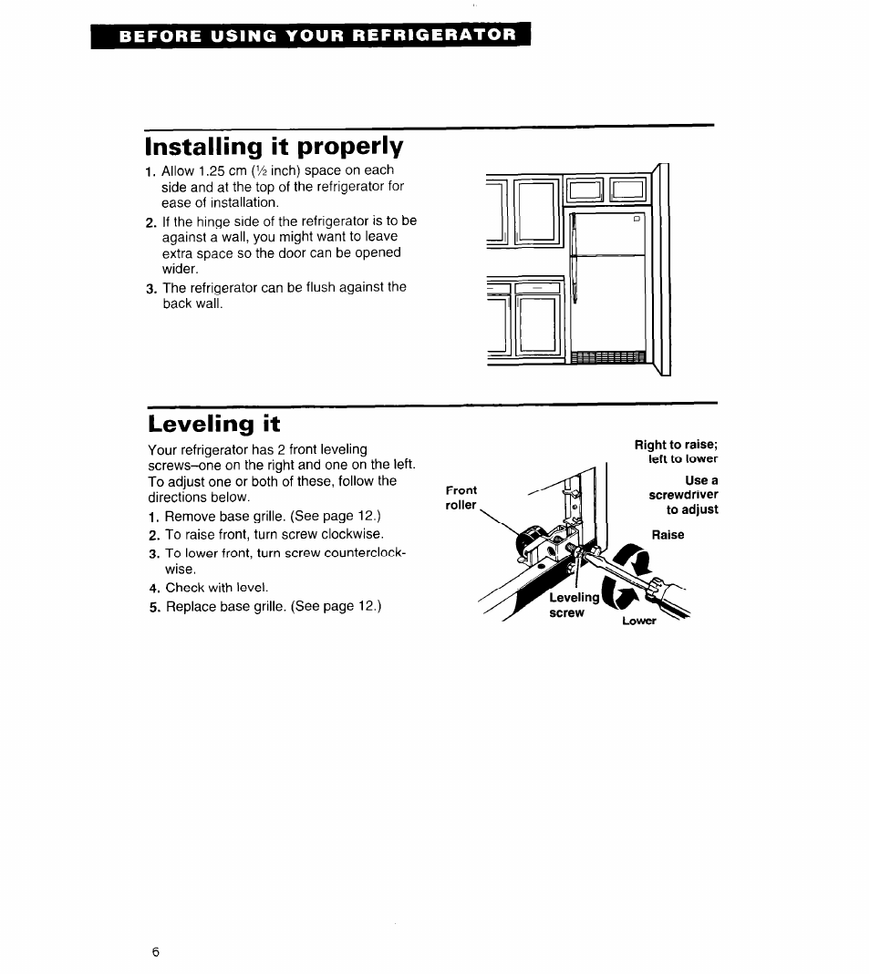 Installing it properly, Leveling it | Whirlpool 3VET19ZK User Manual | Page 6 / 22