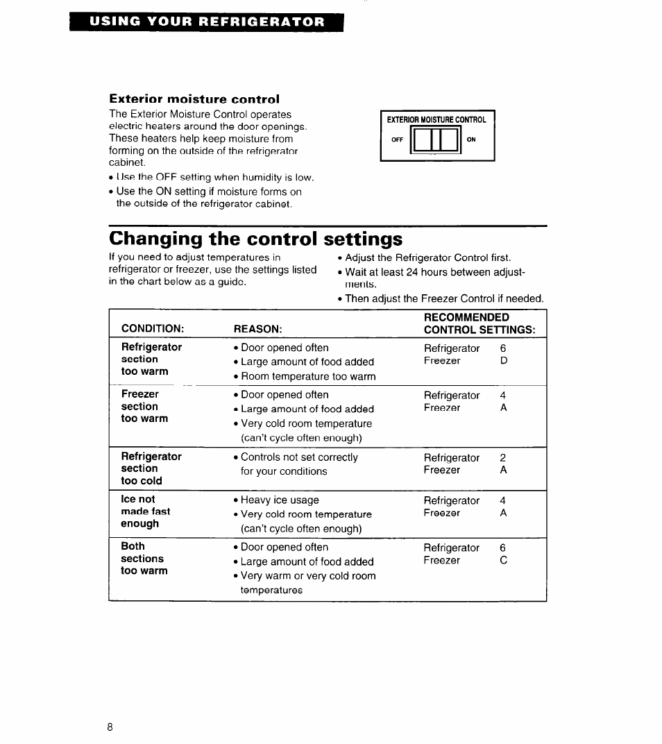 Exterior moisture control, Changing the control settings | Whirlpool 3VET19ZK User Manual | Page 8 / 22