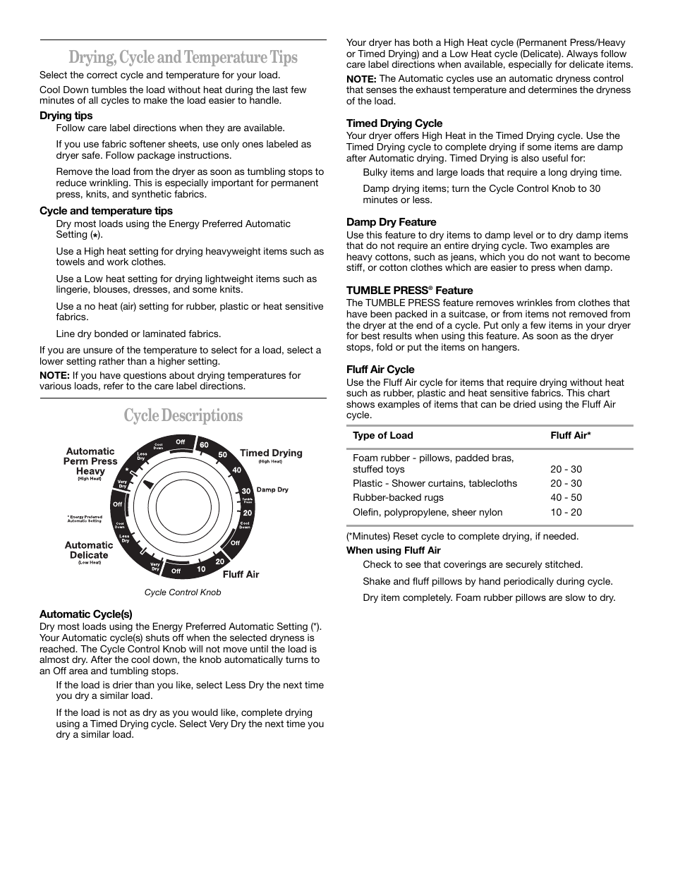Drying, cycle and temperature tips, Cycle descriptions | Whirlpool Thin Twin User Manual | Page 11 / 18