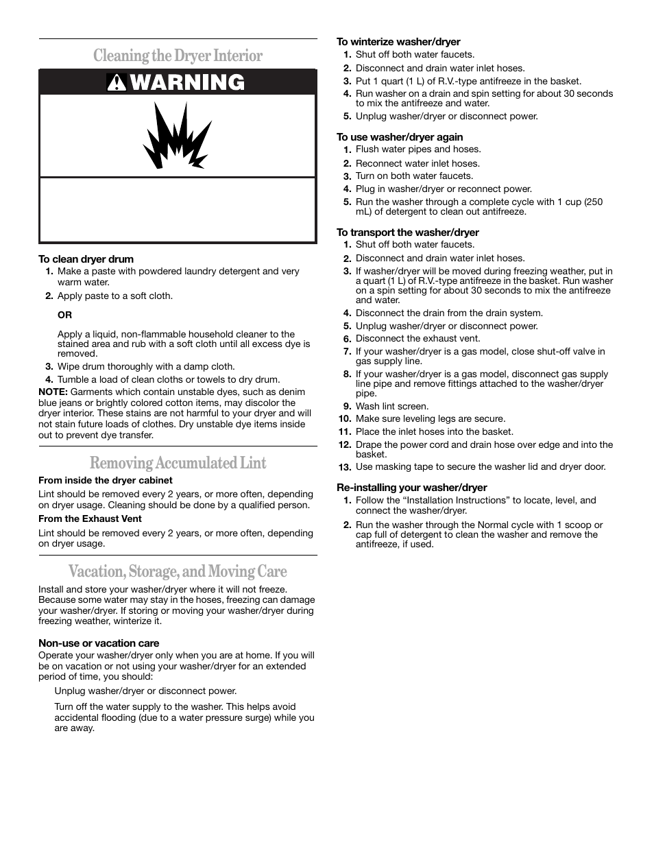 Cleaning the dryer interior, Removing accumulated lint, Vacation, storage, and moving care | Whirlpool Thin Twin User Manual | Page 13 / 18