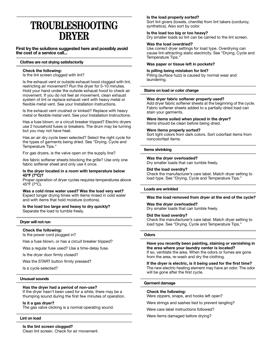 Troubleshooting dryer | Whirlpool Thin Twin User Manual | Page 16 / 18