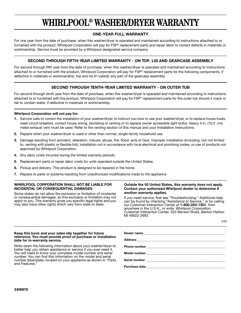 Warranty, Whirlpool, Washer/dryer warranty | Whirlpool Thin Twin User Manual | Page 18 / 18