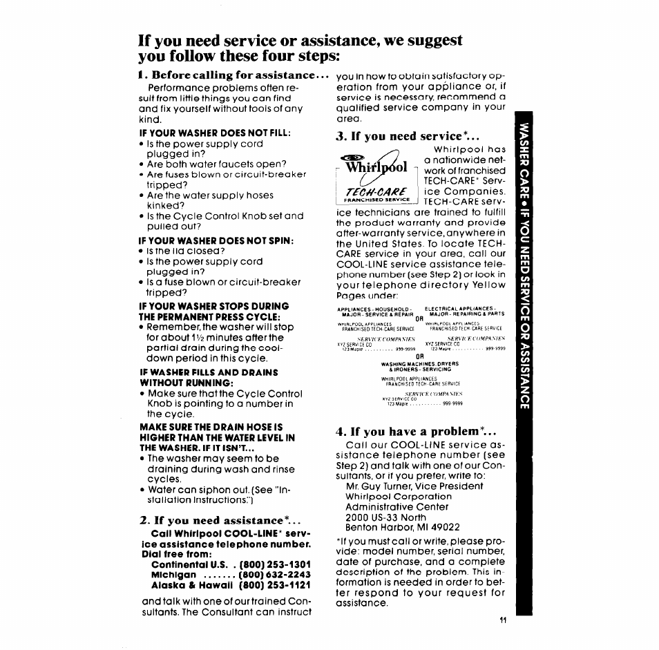 Before calling for assistance, If you have a problem, Whiriixiol | If you need assistance, If you need service | Whirlpool LC4500XM User Manual | Page 11 / 12