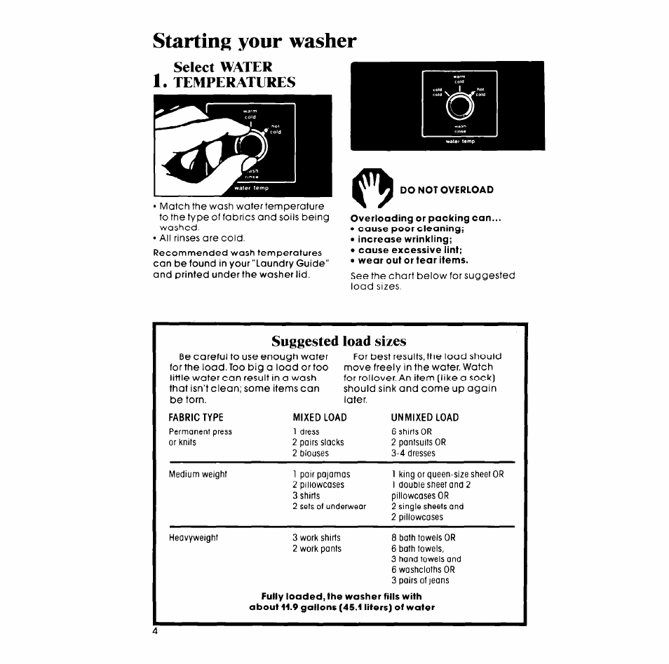 Select water 1. temperatures, Starting your washer, Suggested load sizes | Whirlpool LC4500XM User Manual | Page 4 / 12