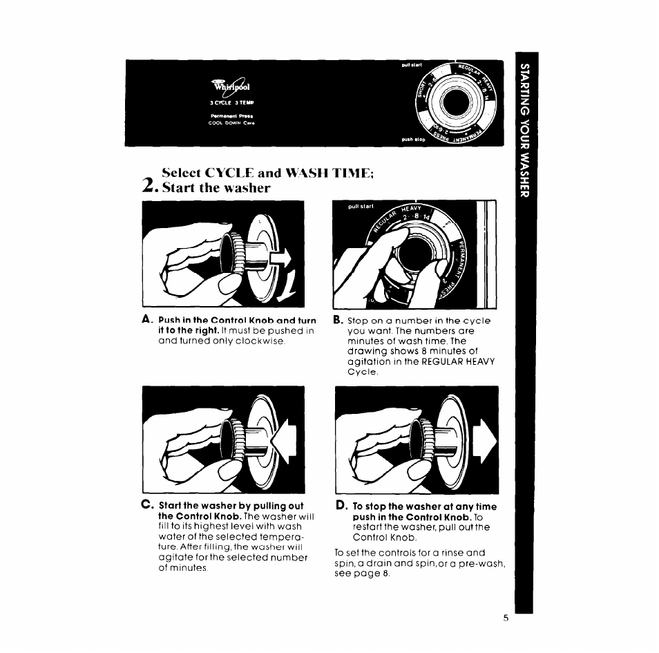 Select cycle and wash time; 2. start the washer | Whirlpool LC4500XM User Manual | Page 5 / 12