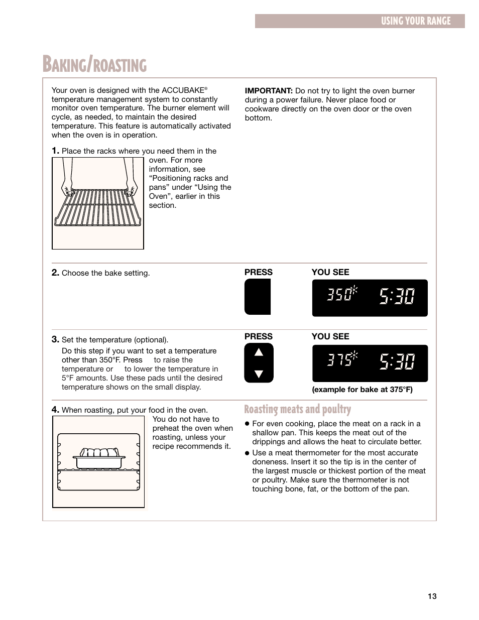 Baking/roasting, Aking, Roasting | Roasting meats and poultry, Using your range | Whirlpool 8053373A User Manual | Page 13 / 30