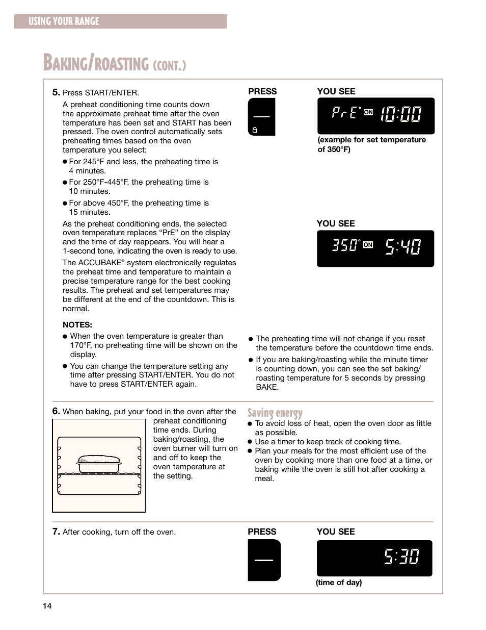 Aking, Roasting, Cont | Saving energy, Using your range | Whirlpool 8053373A User Manual | Page 14 / 30