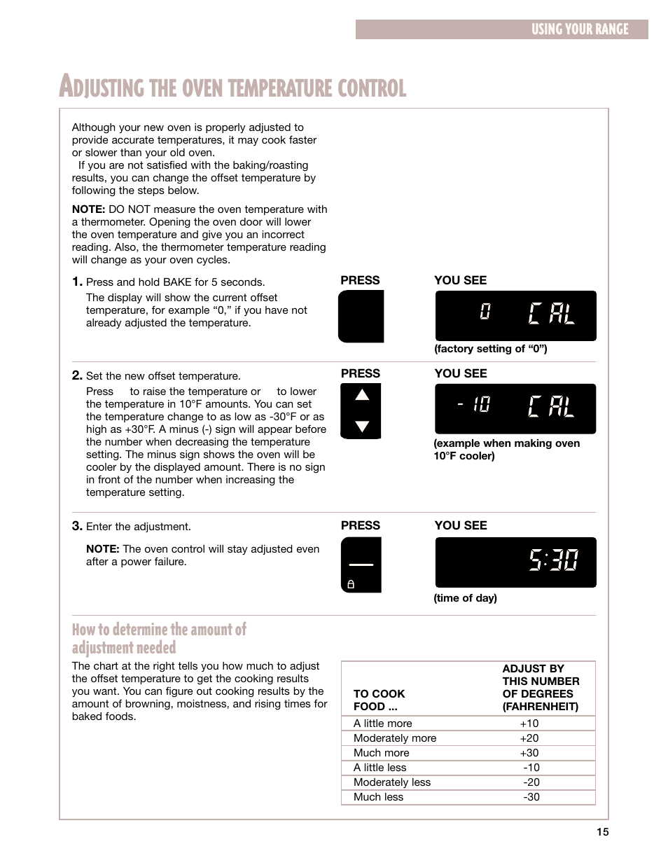 Adjusting the oven temperature control, Djusting the oven temperature control, How to determine the amount of adjustment needed | Using your range | Whirlpool 8053373A User Manual | Page 15 / 30