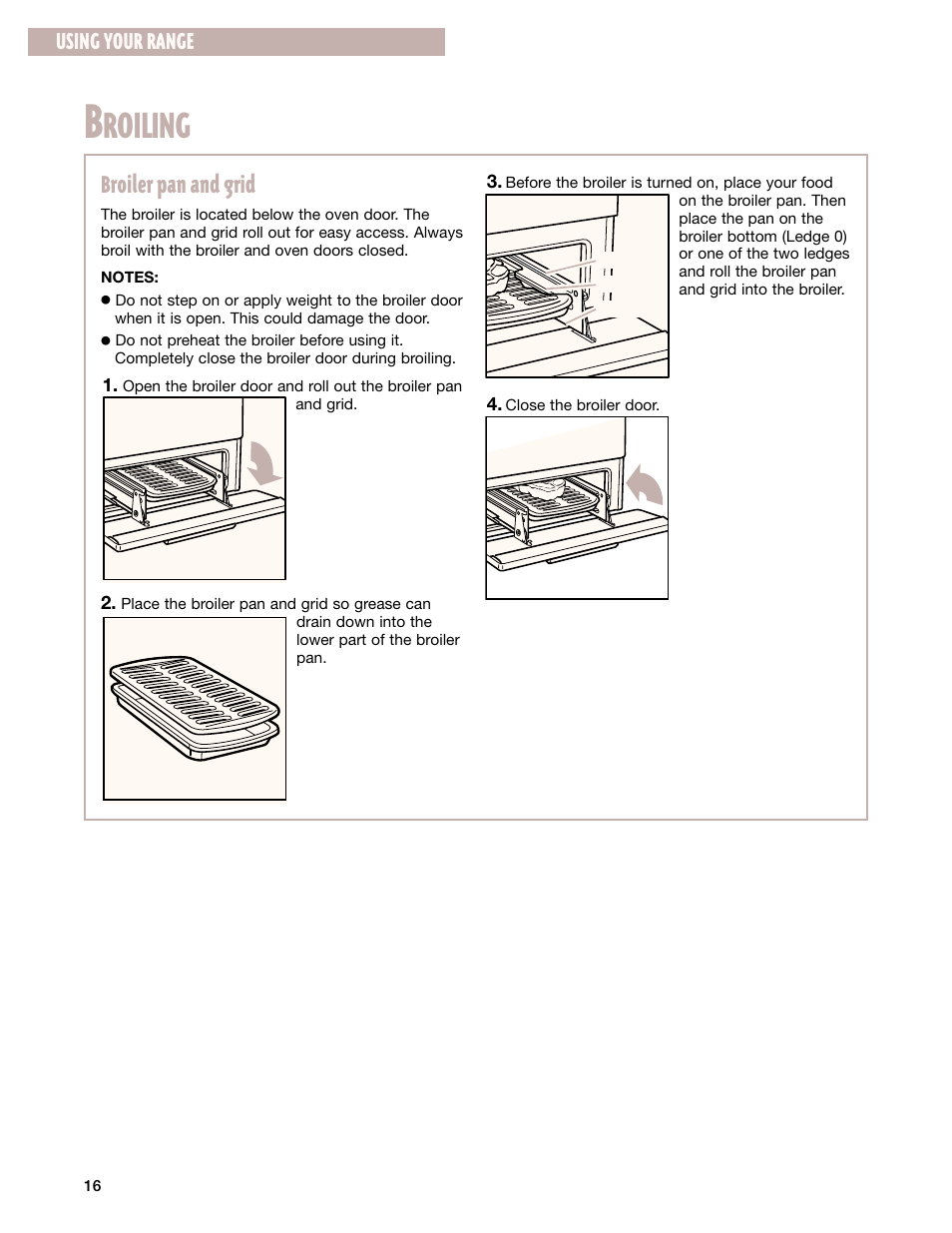 Broiling, Roiling, Broiler pan and grid | Using your range | Whirlpool 8053373A User Manual | Page 16 / 30