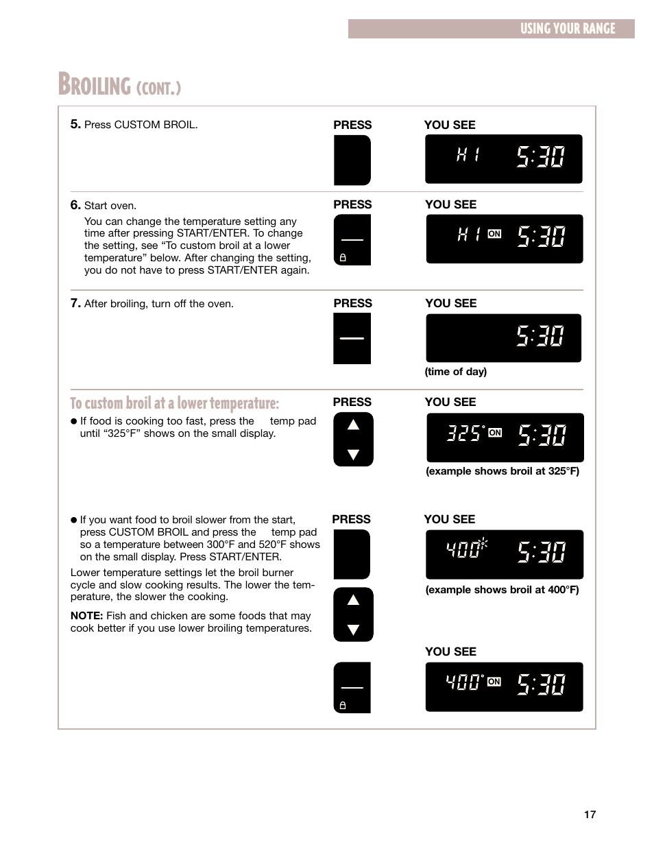 Roiling, Cont, Using your range | Whirlpool 8053373A User Manual | Page 17 / 30