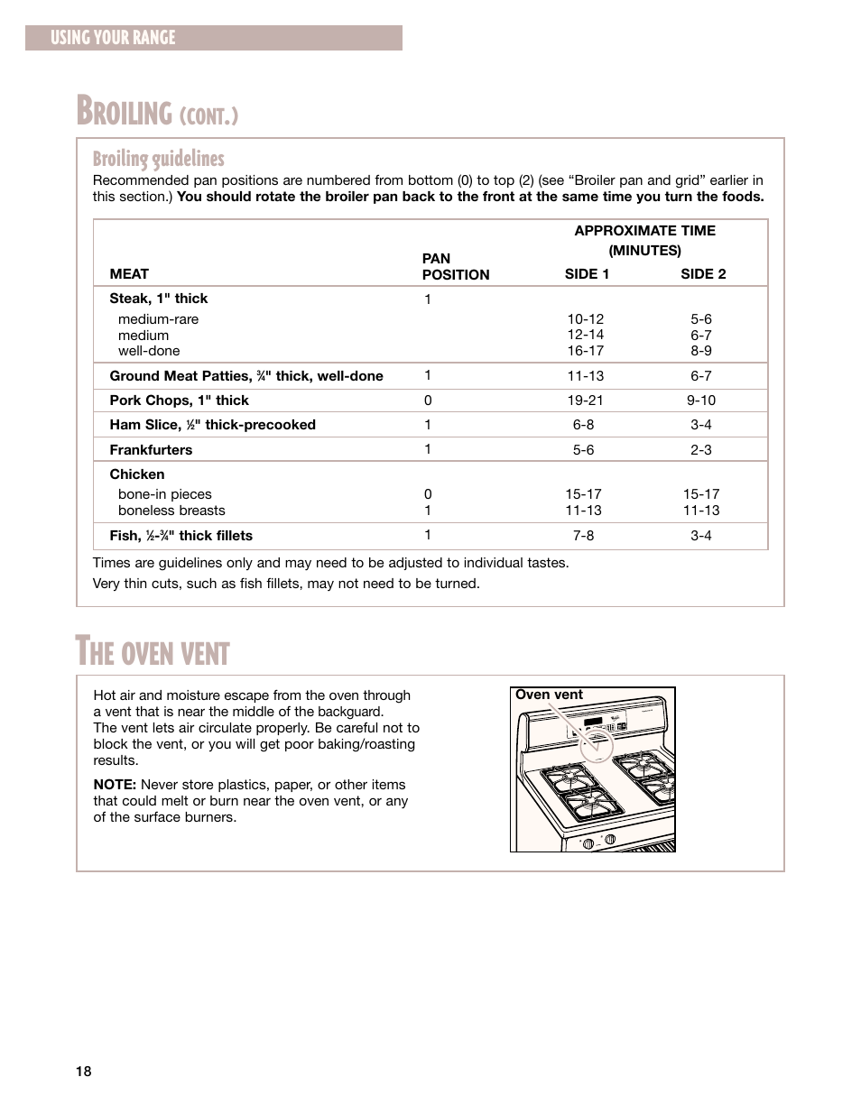 The oven vent, Roiling, He oven vent | Cont, Broiling guidelines, Using your range | Whirlpool 8053373A User Manual | Page 18 / 30