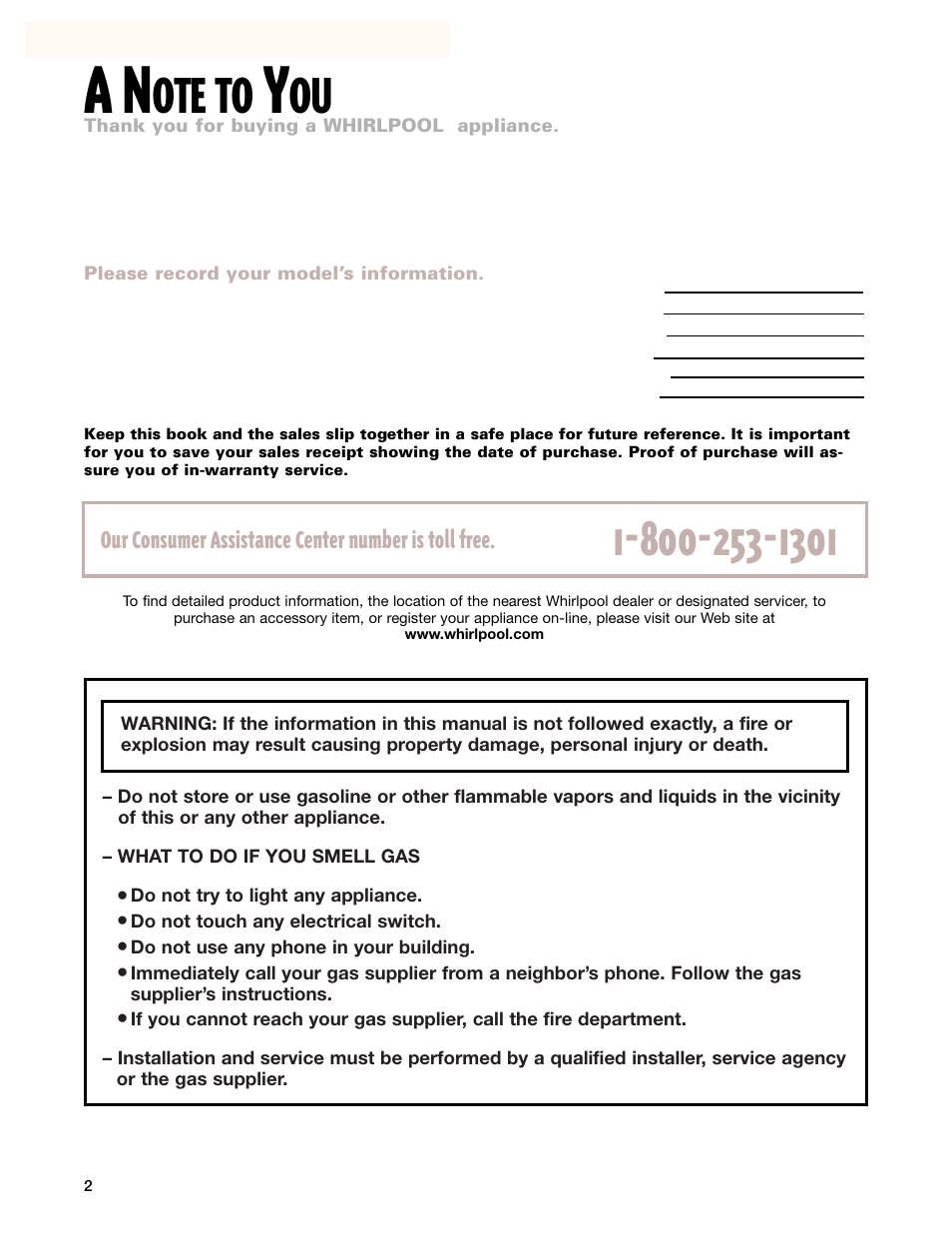 A note to you, Ote to, Our consumer assistance center number is toll free | Whirlpool 8053373A User Manual | Page 2 / 30