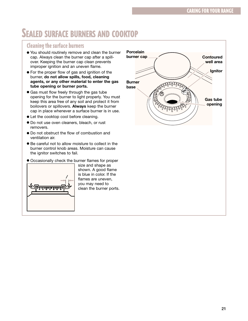 Sealed surface burners and cooktop, Ealed surface burners and cooktop, Cleaning the surface burners | Caring for your range | Whirlpool 8053373A User Manual | Page 21 / 30