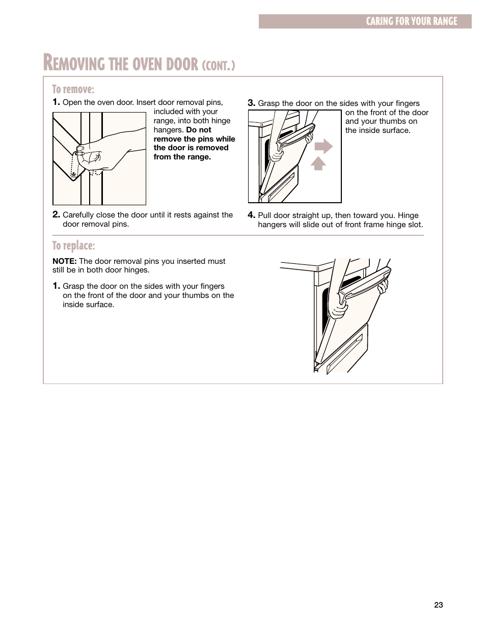 Emoving the oven door, Cont | Whirlpool 8053373A User Manual | Page 23 / 30