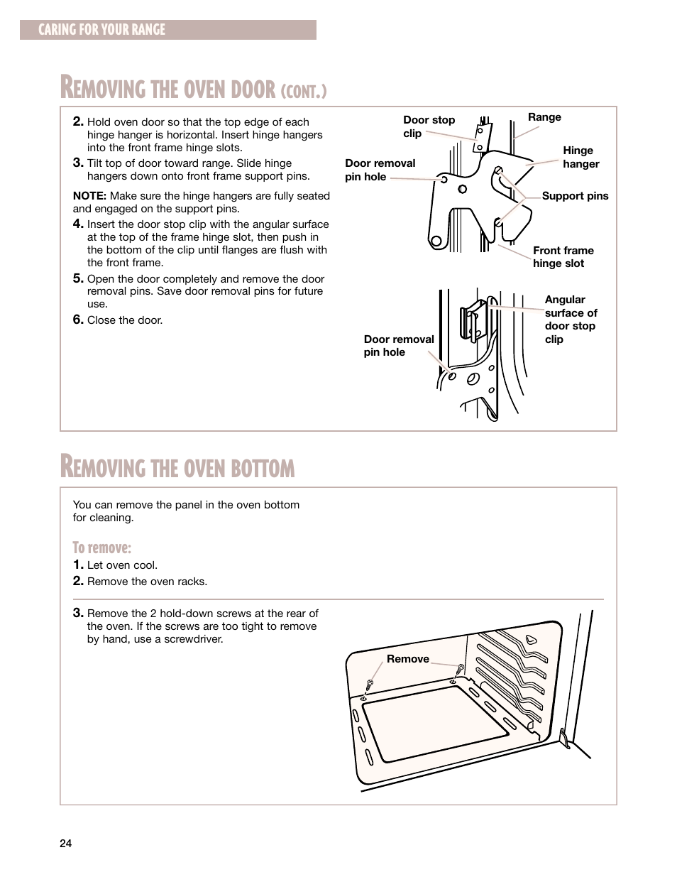 Removing the oven bottom, Emoving the oven door, Emoving the oven bottom | Cont, Caring for your range | Whirlpool 8053373A User Manual | Page 24 / 30