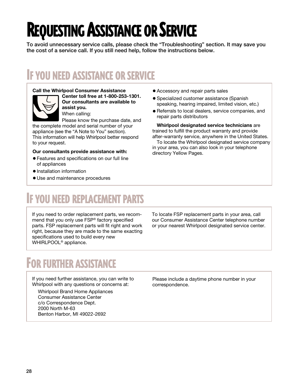 Requesting assistance or service, Equesting, Ssistance | Ervice, Need, Assistance, Service, Replacement, Parts, Further | Whirlpool 8053373A User Manual | Page 28 / 30