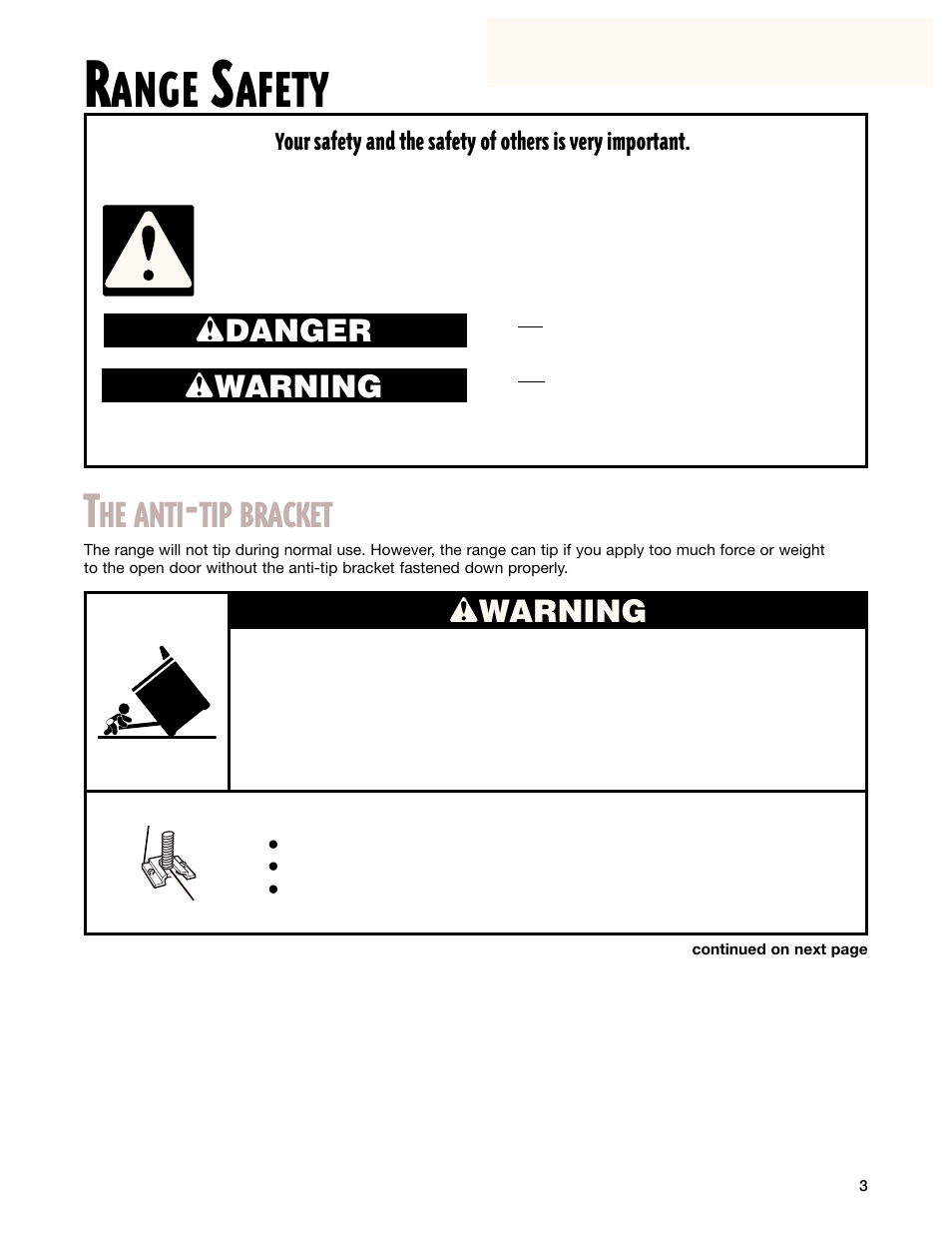 Safety, Ange, Afety | He anti, Tip bracket, Wdanger w warning, Wwarning | Whirlpool 8053373A User Manual | Page 3 / 30