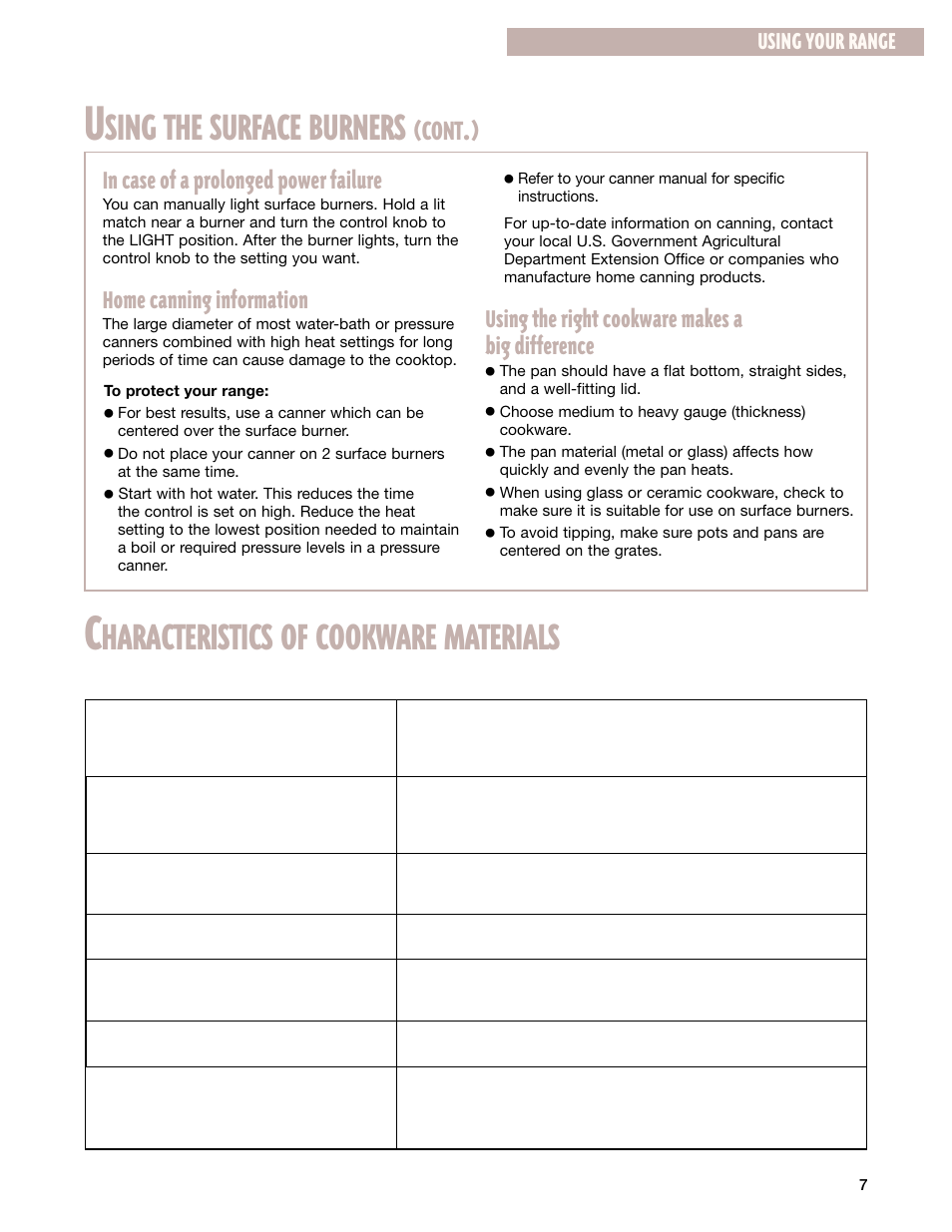 Characteristics of cookware materials, Sing the surface burners, Haracteristics of cookware materials | Cont, Home canning information, Using the right cookware makes a big difference, Using your range | Whirlpool 8053373A User Manual | Page 7 / 30