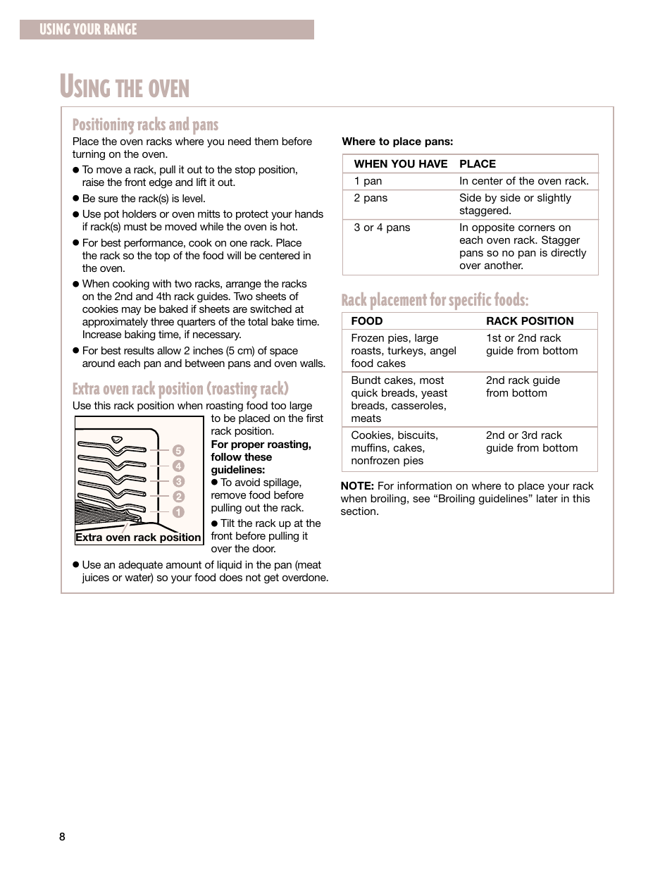 Using the oven, Sing the oven, Positioning racks and pans | Extra oven rack position (roasting rack), Rack placement for specific foods, Using your range | Whirlpool 8053373A User Manual | Page 8 / 30