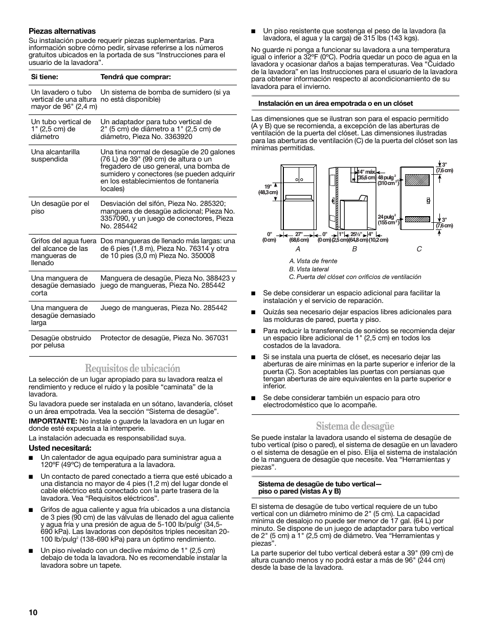 Requisitosde ubicación, Sistema de desagüe, Requisitos de ubicación | Whirlpool 3957165 User Manual | Page 10 / 24