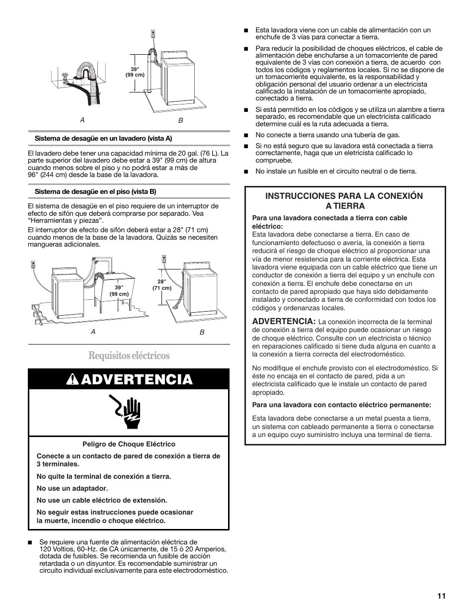 Requisitos eléctricos, Advertencia, Instrucciones para la conexión a tierra | Whirlpool 3957165 User Manual | Page 11 / 24