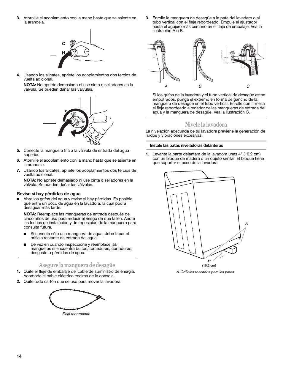 Asegure la manguerade desagüe, Nivele la lavadora, Asegure la manguera de desagüe | Whirlpool 3957165 User Manual | Page 14 / 24