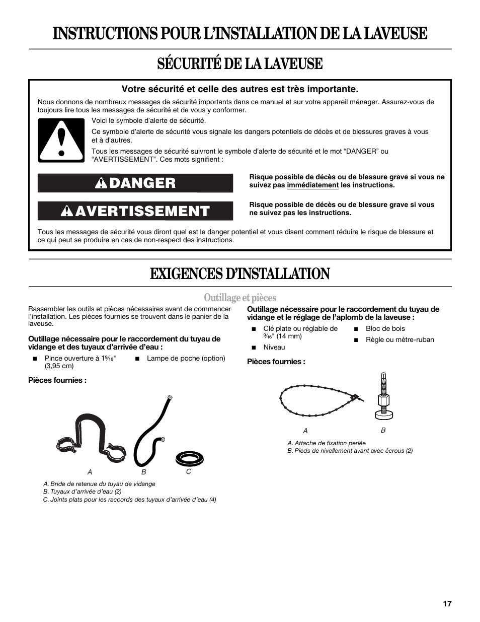 French version, Sécurité de la laveuse, Exigences d’installation | Outillage et pièces, Instructions pour l’installation de la laveuse, Sécurité de la laveuse exigences d’installation, Avertissement danger | Whirlpool 3957165 User Manual | Page 17 / 24