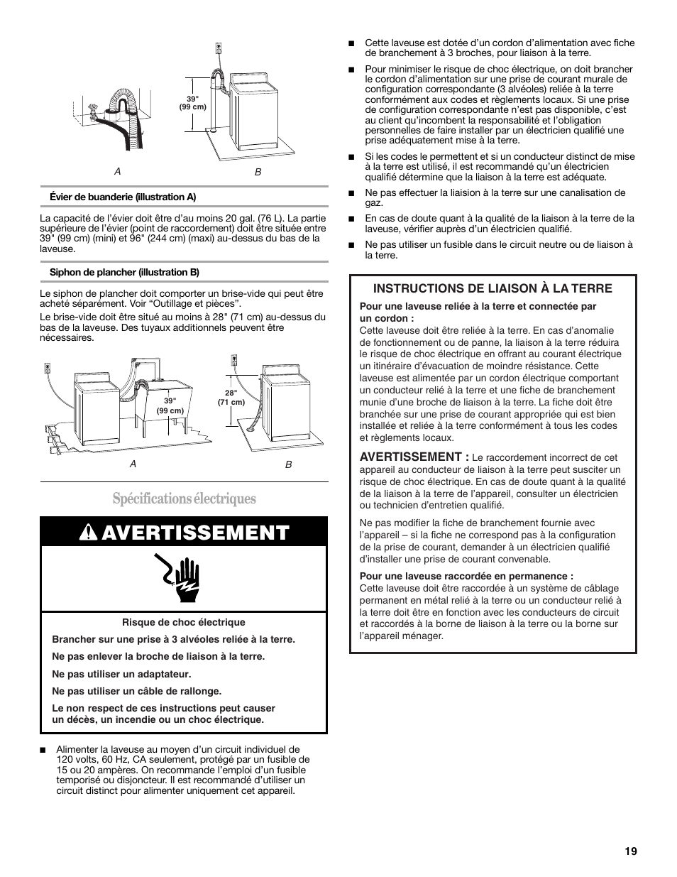 Spécifications électriques, Avertissement, Instructions de liaison à la terre | Whirlpool 3957165 User Manual | Page 19 / 24
