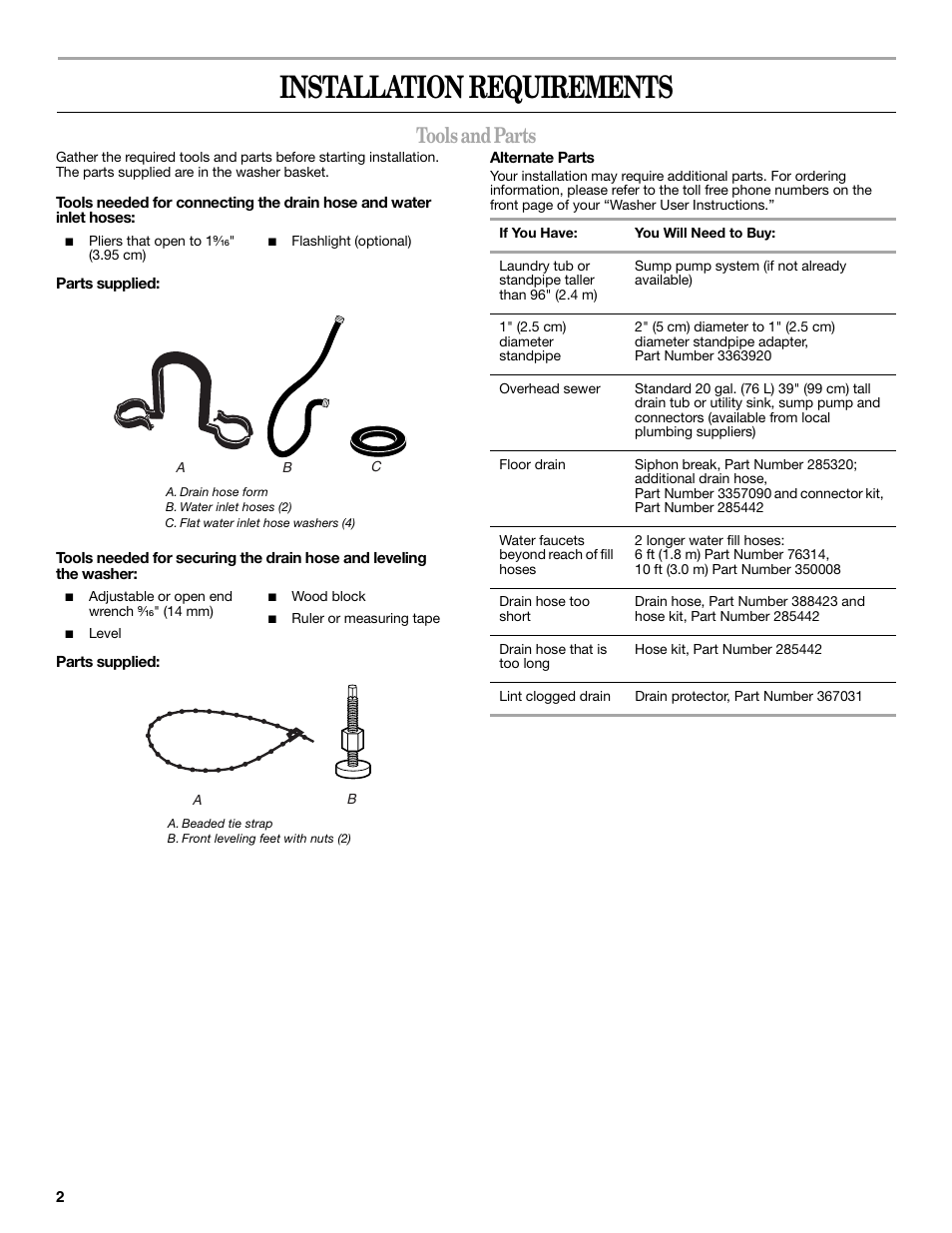Installation requirements, Tools and parts | Whirlpool 3957165 User Manual | Page 2 / 24