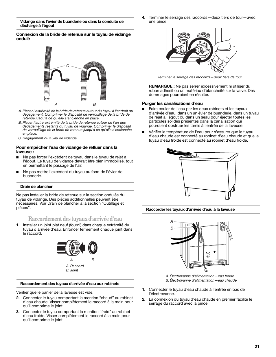 Raccordement des tuyaux d’arrivée d’eau | Whirlpool 3957165 User Manual | Page 21 / 24