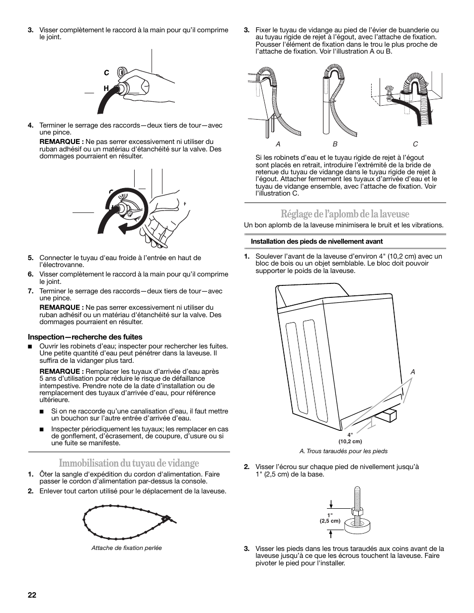 Immobilisation du tuyau de vidange, Réglage de l’aplombde la laveuse, Réglage de l’aplomb de la laveuse | Whirlpool 3957165 User Manual | Page 22 / 24