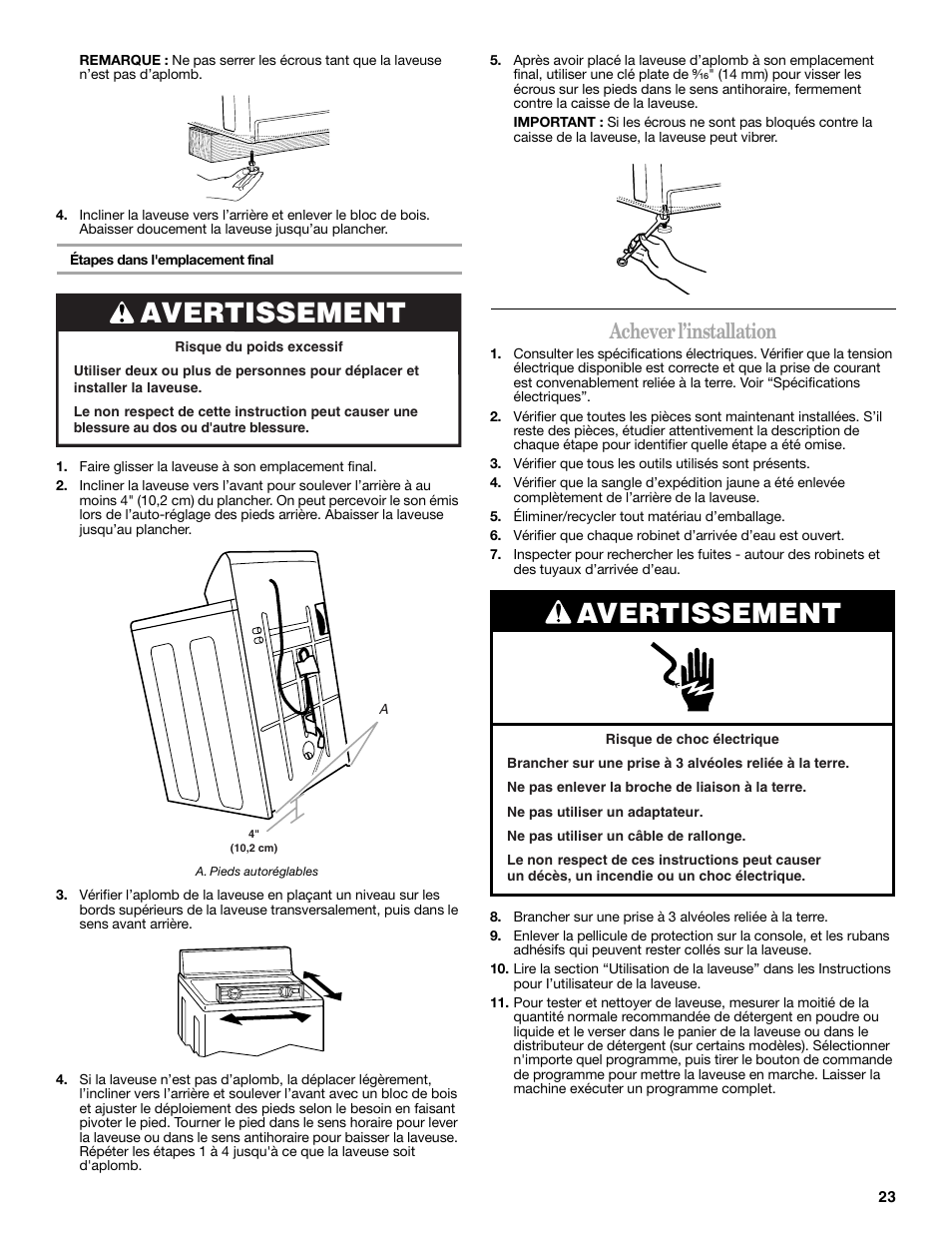 Achever l’installation, Avertissement | Whirlpool 3957165 User Manual | Page 23 / 24
