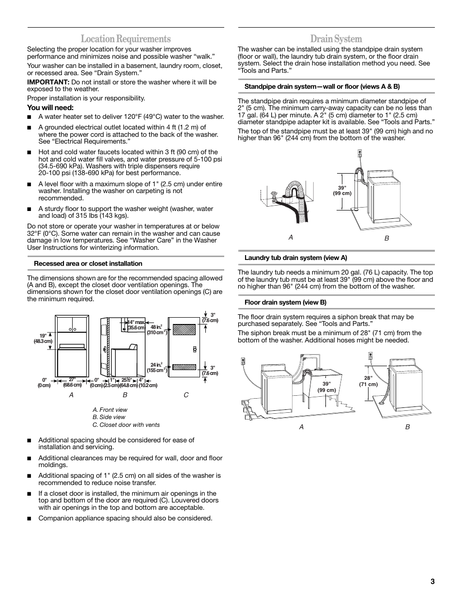 Location requirements, Drain system | Whirlpool 3957165 User Manual | Page 3 / 24