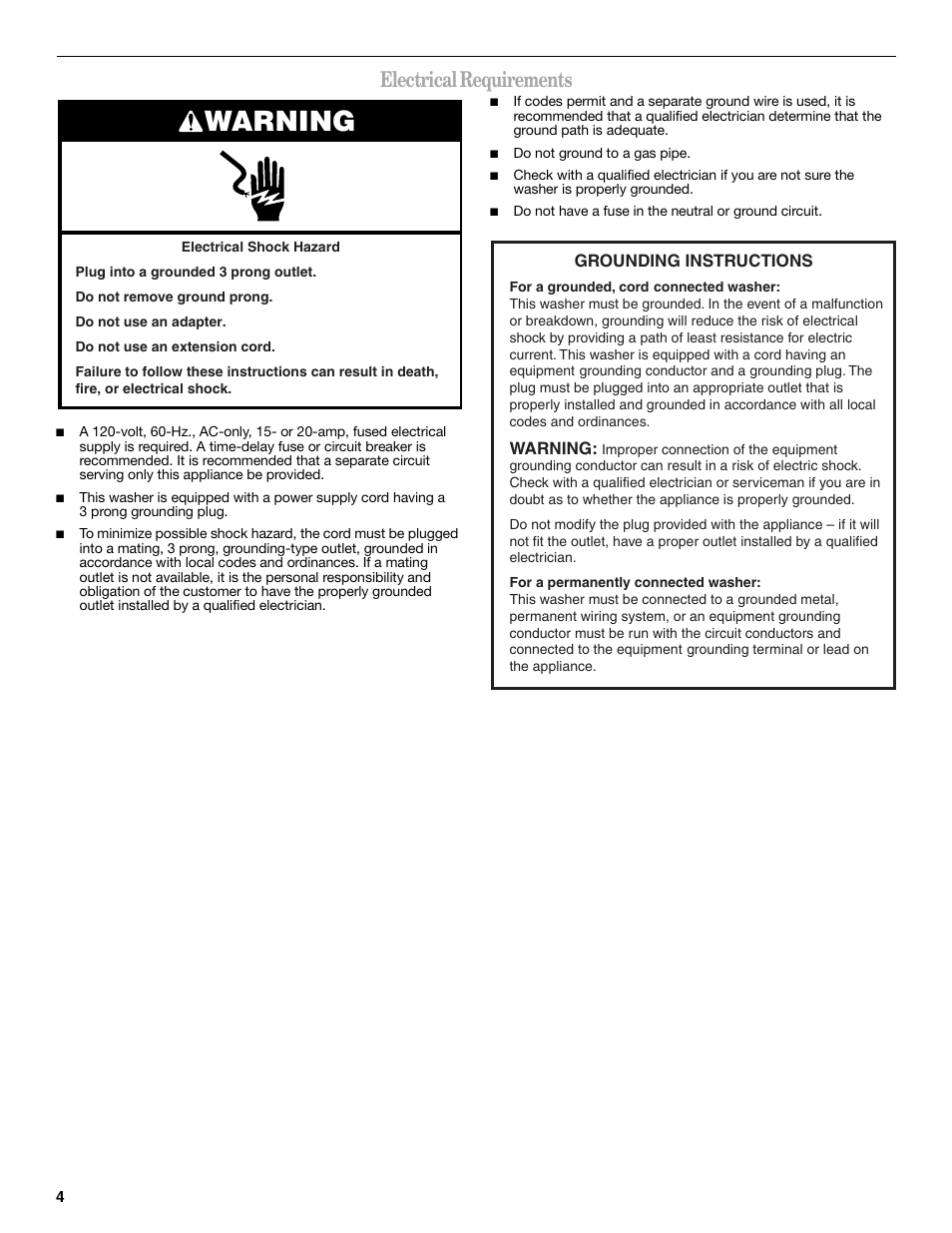 Electrical requirements, Warning | Whirlpool 3957165 User Manual | Page 4 / 24