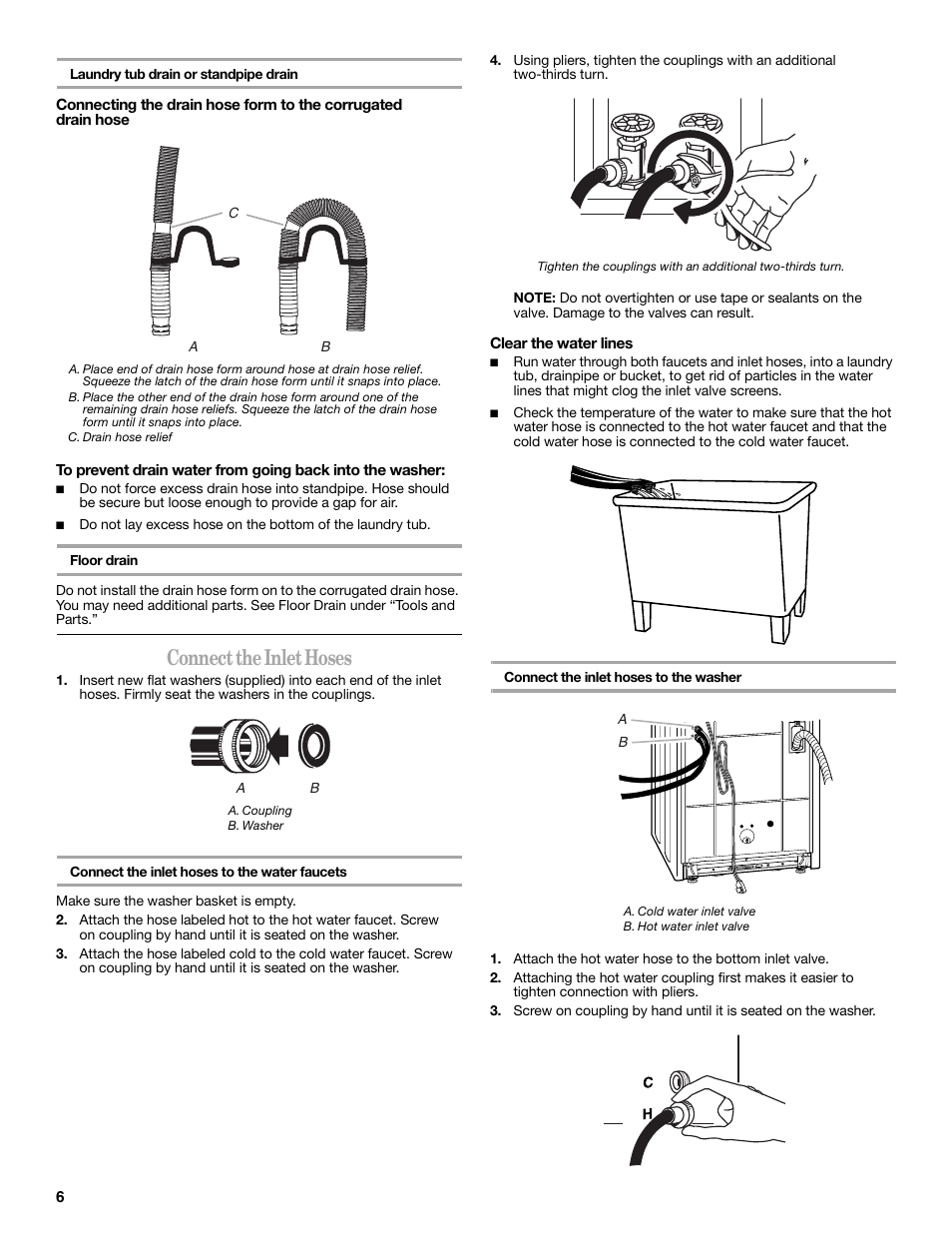 Connect theinlet hoses, Connect the inlet hoses | Whirlpool 3957165 User Manual | Page 6 / 24