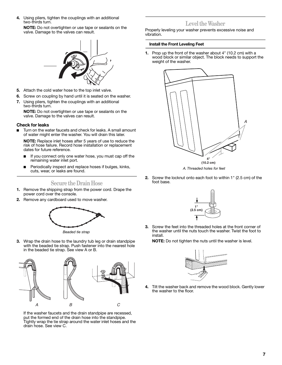 Secure the drainhose, Level the washer, Secure the drain hose | Whirlpool 3957165 User Manual | Page 7 / 24
