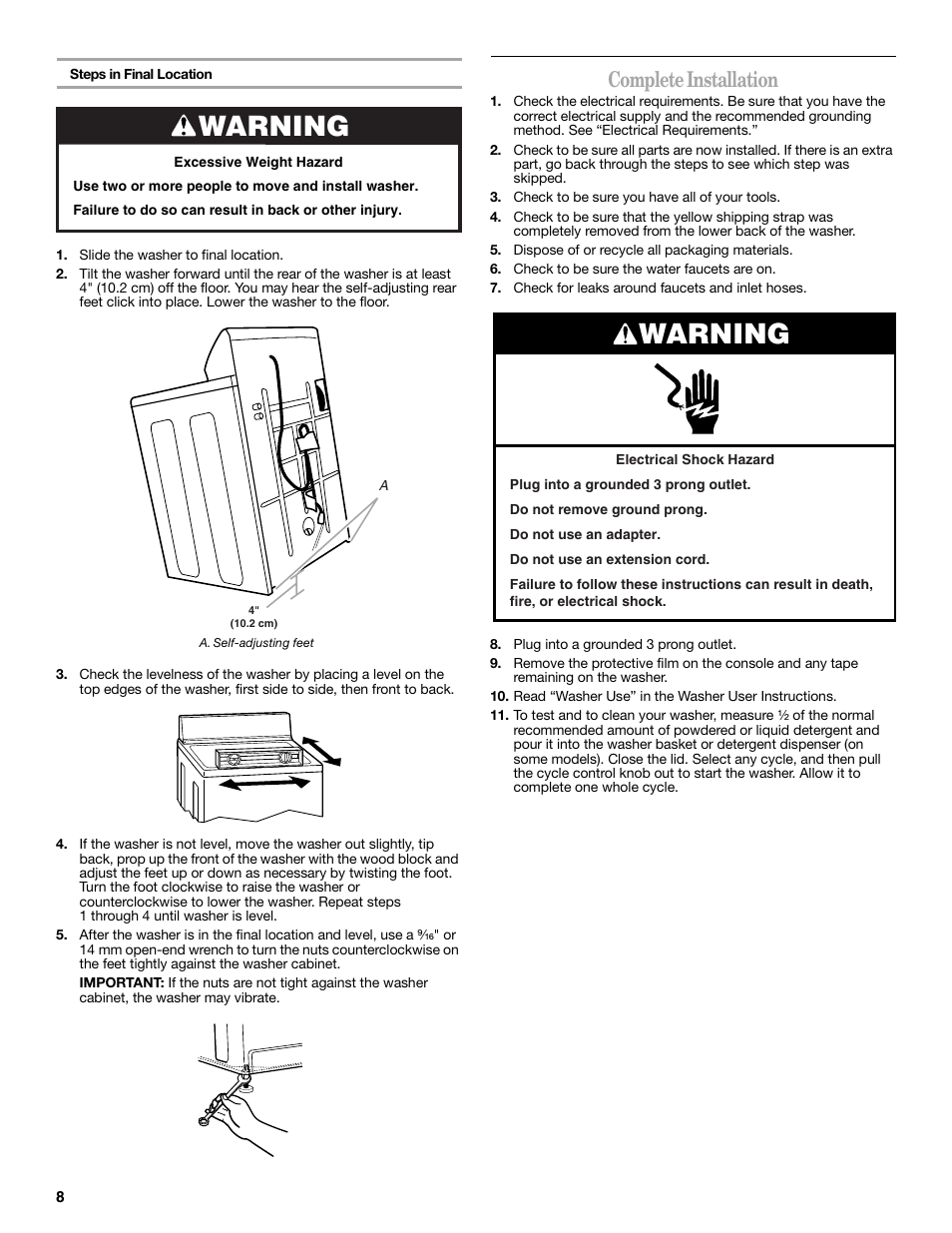Complete installation, Warning | Whirlpool 3957165 User Manual | Page 8 / 24